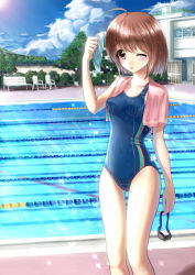 Rule 34 | 1girl, ahoge, aldehyde, bench, blue sky, blue one-piece swimsuit, blush, brown eyes, brown hair, chair, cloud, collarbone, competition swimsuit, day, forest, goggles, unworn goggles, lane line, nature, one-piece swimsuit, one eye closed, open mouth, original, outdoors, pool, pool ladder, poolside, school, short hair, sky, solo, standing, sun, sunlight, swimsuit, thigh gap, towel, towel around neck, tree, wet, wet clothes, wet hair, wink