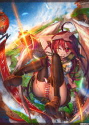 Rule 34 | 1girl, absurdres, ahoge, alastor (shakugan no shana), arm up, black thighhighs, brown footwear, chain, collared shirt, day, feathered wings, floating hair, flying, green sailor collar, green skirt, grin, highres, holding, holding sword, holding weapon, kami yuuyako, long hair, looking at viewer, miniskirt, one eye closed, outdoors, panties, pleated skirt, red eyes, red hair, sailor collar, sailor collar lift, sailor shirt, shakugan no shana, shana, shirt, short sleeves, skirt, smile, solo, striped clothes, striped panties, sword, thighhighs, underwear, v-shaped eyebrows, very long hair, weapon, white shirt, white wings, wings