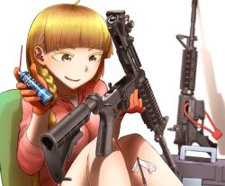 Rule 34 | 1girl, assault rifle, blonde hair, blunt bangs, braid, brown eyes, cleaning, didloaded, eyebrows, gloves, gun, long hair, m4 carbine, original, patch, rifle, shadow, simple background, sitting, solo, thick eyebrows, weapon, white background