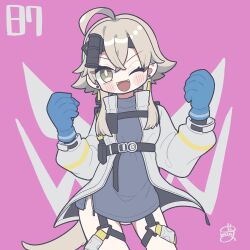 Rule 34 | &gt; o, 1girl, :3, ahoge, arknights, bare legs, black shirt, blue gloves, blush, brown eyes, brown hair, chest strap, clenched hands, cowboy shot, earrings, fangs, gloves, grey jacket, hair between eyes, hands up, highres, jacket, jewelry, looking at viewer, mayer (arknights), mayer (visionblazer in the courtyard) (arknights), mg gumin, numbered, official alternate costume, one eye closed, open mouth, otter tail, pink background, shirt, short hair with long locks, simple background, solo, standing, tail, thigh strap, watermark