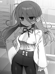 1girl aozora_kyoka bags_under_eyes bow bowtie braid breasts contrapposto greyscale hair_between_eyes hands_on_own_hips high-waist_pants highres lab_coat long_hair medium_breasts messy_hair monochrome original pants single_braid yasashii_naizou