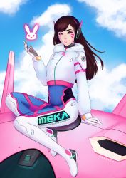 Rule 34 | 1girl, acronym, adapted costume, arm at side, armor, artist name, blue sky, bodysuit, boots, bracer, brown eyes, brown hair, closed mouth, clothes writing, cloud, cloudy sky, cropped jacket, d.va (overwatch), day, eyelashes, facepaint, facial mark, full body, gloves, hand up, headphones, highres, hologram, hood, hood down, hooded jacket, hoodie, jacket, lips, long hair, long sleeves, looking at viewer, matching hair/eyes, mecha, meka (overwatch), nose, overwatch, overwatch 1, pauldrons, pilot suit, pink lips, purple bodysuit, ribbed bodysuit, robot, selkiene, shoulder armor, shoulder pads, sitting, sky, smile, solo, thigh boots, thigh strap, thighhighs, turtleneck, whisker markings, white footwear, white gloves, white hood, white jacket, zipper
