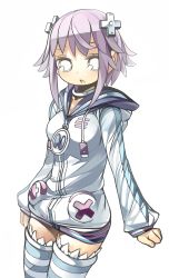 Rule 34 | 10s, 1girl, collar, cowboy shot, d-pad, dutch angle, empty eyes, hair ornament, hood, hoodie, i (deichi), looking at viewer, neptune (neptunia), neptune (series), open mouth, purple hair, simple background, solo, striped clothes, striped thighhighs, thighhighs, white background, zettai ryouiki