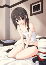 Rule 34 | 10s, 1girl, ahoge, bare shoulders, bed, bed sheet, black panties, black socks, blue eyes, blush, braid, breasts, brown hair, camisole, collarbone, drawing (object), hair between eyes, hair over shoulder, indoors, kantai collection, long hair, looking at viewer, no bra, off shoulder, on bed, open mouth, panties, pillow, red ribbon, ribbon, school uniform, see-through, serafuku, shigure (kancolle), single braid, sitting, sleeveless, small breasts, socks, solo, strap slip, sweat, tissue box, underwear, unworn clothes, v arms, wet, wet clothes, yammy y, yokozuwari