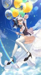 Rule 34 | 1girl, absurdres, animal ears, aqua eyes, arm garter, ass, azur lane, balloon, breasts, cheshire (azur lane), cleavage, cloud, detached sleeves, fake animal ears, fang, frilled hairband, frilled ribbon, frills, full body, hairband, high heels, highres, holding, holding balloon, large breasts, lel, lens flare, long ribbon, multicolored hair, outstretched arms, puffy detached sleeves, puffy sleeves, ribbon, short hair, sky, smile, solo, streaked hair, thighhighs, two-tone hair, upskirt, white thighhighs, wrist cuffs