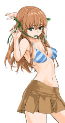 Rule 34 | 1girl, adjusting hair, armpits, azusagawa tsukino, bare shoulders, blue bra, blush, bra, breasts, brown hair, brown skirt, cleavage, green eyes, hair ribbon, hassystants, highres, long hair, looking at viewer, medium breasts, mouth hold, navel, ribbon, simple background, skirt, solo, standing, striped bra, striped clothes, tongue, tongue out, two side up, underwear, white background, yakitate!! japan