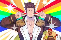 Rule 34 | 1boy, 2boys, beard, blue eyes, blush, brown hair, cape, couple, double v, emotional engine - full drive, epaulettes, facial hair, fate/grand order, fate (series), hands up, highres, iskandar (fate), leather, loboke, long sideburns, long sleeves, looking at viewer, male focus, military, military uniform, multiple boys, muscular, napoleon bonaparte (fate), open clothes, open mouth, parody, pectorals, red hair, scar, sideburns, simple background, smile, sparkle, star (symbol), uniform, v