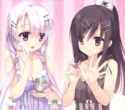 Rule 34 | 2girls, ahoge, album cover, ayachi nene, bare arms, bare shoulders, black camisole, black hair, bow, braid, breasts, camisole, cleavage, closed mouth, collarbone, cosmetics, cover, eyes visible through hair, fingernails, hair between eyes, hair bow, hair ornament, hairclip, hand on own cheek, hand on own face, hand up, hands up, highres, kobuichi, large breasts, long hair, looking at another, low twin braids, applying manicure, multiple girls, muririn, official art, open hand, open mouth, pink background, ponytail, purple camisole, purple eyes, sanoba witch, simple background, smile, straight hair, togakushi touko, twin braids, underwear, very long hair, white bow, white hair, yellow eyes, yuzu-soft