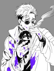 Rule 34 | 1boy, alternate hairstyle, animal, cigarette, dog, holding, holding animal, holding cigarette, jacket, jitome, killing stalking, male focus, oba-min, oh sangwoo, paint on body, paint on clothes, puppy, smoke, smoking, spot color, sunglasses, trembling, undercut