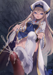 Rule 34 | 1girl, artist request, bootjob, boots, censored, cum, cum on clothes, cum on hair, ejaculation, footjob, goblin slayer, mosaic censoring, penis, priestess (goblin slayer!), pussy, shoejob, shoes