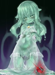Rule 34 | 1girl, blush, breasts, collar, commission, curss, green eyes, green hair, heart, heart-shaped pupils, highres, long hair, looking at viewer, monster girl, navel, open mouth, original, skeb commission, slime (substance), slime girl, small breasts, smile, solo, symbol-shaped pupils