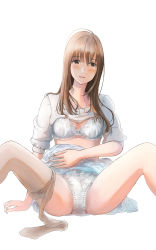 Rule 34 | 1girl, :o, antenna hair, bad id, bad pixiv id, blue skirt, blush, bra, brown eyes, brown hair, clothes lift, collarbone, floral print, highres, jewelry, kataguchi iwashi, long hair, necklace, open mouth, original, panties, pantyhose, pantyhose around one leg, ring, ring necklace, shirt, shirt lift, short sleeves, simple background, sitting, skirt, skirt lift, solo, spread legs, underwear, white background, white bra, white panties, white shirt