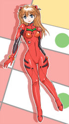 Rule 34 | 00s, 1girl, :d, arms at sides, blue eyes, bodysuit, bracer, breasts, brown hair, checkered background, curvy, eva 02, facing viewer, female focus, full body, gloves, happy, headgear, hip focus, knees together feet apart, long hair, looking at viewer, narrow waist, neon genesis evangelion, open mouth, outline, pilot suit, plugsuit, rebuild of evangelion, red bodysuit, shadow, shiny clothes, small breasts, smile, solo, souryuu asuka langley, standing, straight hair, thigh gap, turtleneck, two side up, very long hair, vt (ytoh02), white background, wide hips
