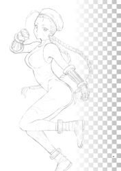 Rule 34 | 1girl, antenna hair, beret, boots, braid, breasts, cammy white, camouflage, capcom, coelacanth (gyotaku), combat boots, fingerless gloves, gloves, greyscale, hat, highres, leotard, long hair, monochrome, scar, solo, street fighter, thong leotard, twin braids