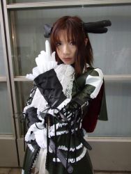 Rule 34 | 1girl, asian, brown hair, coat, cosplay, dutch angle, gloves, long hair, looking at viewer, overcoat, photo (medium), scarf, sega, shining (series), shining wind, solo, thighhighs, torai aki, white gloves, xecty ein, xecty ein (cosplay)