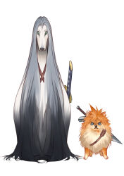 Rule 34 | 2boys, afghan hound, animalization, blonde hair, blue eyes, buster sword, cloud strife, commentary, dog, eilinna, english commentary, final fantasy, final fantasy vii, final fantasy vii remake, full body, furrowed brow, green eyes, grey fur, grey hair, male focus, masamune (ff7), multiple boys, no humans, pomeranian (dog), sephiroth, spiked hair, weapon, weapon on back, white background, yellow fur