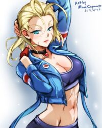 Rule 34 | 1girl, abs, blonde hair, blue eyes, breasts, cammy white, cleavage, crop top, cropped jacket, fingerless gloves, gloves, highres, jacket, large breasts, lips, long sleeves, mina cream, scar, scar on face, short hair, street fighter, street fighter 6