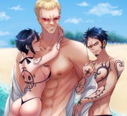 Rule 34 | 1girl, 2boys, abs, arm grab, arm tattoo, arms around neck, ass, back tattoo, beach, bikini, bisexual male, black hair, blonde hair, blurry, blurry background, breast press, breasts, butt crack, cheese neko3, chest tattoo, day, donquixote doflamingo, dual persona, earrings, facial hair, genderswap, genderswap (mtf), goatee, hand tattoo, height difference, highres, jealous, jewelry, large breasts, looking at another, male swimwear, multiple boys, muscular, muscular male, navel, nipples, one piece, outdoors, pectorals, sand, short hair, shoulder tattoo, smile, string bikini, sunglasses, swimsuit, tattoo, teeth, thong bikini, topless, trafalgar law, water, yellow eyes