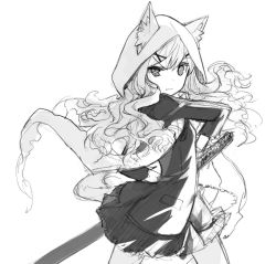 Rule 34 | 1girl, animal ears, bad id, bad pixiv id, greyscale, h2so4, long hair, monochrome, original, simple background, solo, sword, weapon, white background
