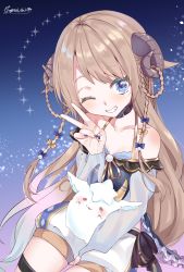 Rule 34 | 1girl, abe suke, bare shoulders, blue bow, blue eyes, blue nails, blue shirt, bow, braid, brown bow, brown hair, collarbone, commentary request, copyright request, creature, curled horns, ear piercing, fingernails, grin, hair bow, hair flaps, hand up, highres, horns, indie virtual youtuber, long hair, long sleeves, nail polish, off-shoulder shirt, off shoulder, one eye closed, piercing, puffy shorts, shirt, shorts, signature, smile, solo, sparkle, thigh strap, v, very long hair, virtual youtuber, white shorts
