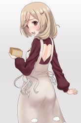 Rule 34 | 1girl, alternate costume, backless outfit, box, braid, brown eyes, brown sweater, cloud hair ornament, cloud print, commentary request, cowboy shot, dress, from behind, grey background, grey dress, heart cutout, highres, kantai collection, kujira naoto, light brown hair, long hair, looking at viewer, looking back, masu, minegumo (kancolle), simple background, solo, sweater, turtleneck, twin braids