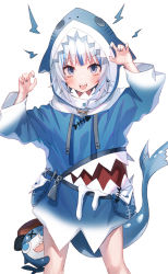 Rule 34 | 1girl, :d, animal hood, bloop (gawr gura), blue eyes, blue hair, blue hoodie, blue nails, blush, claw pose, commentary, cowboy shot, english commentary, fins, fish bone, fish tail, gawr gura, gawr gura (1st costume), highres, hololive, hololive english, hood, hoodie, looking at viewer, multicolored hair, nail polish, open mouth, pokan (xz1128), shark, shark girl, shark hood, shark tail, sharp teeth, silver hair, simple background, smile, solo, standing, streaked hair, tail, teeth, virtual youtuber, white background