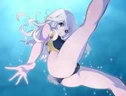 Rule 34 | 10s, 1girl, air bubble, alternate costume, ass, bare arms, bare legs, blue eyes, breasts, bubble, competition swimsuit, eyebrows, freediving, from below, hair between eyes, kantai collection, kurihara kenshirou, long hair, looking at viewer, looking down, one-piece swimsuit, palms, parted lips, silver hair, small breasts, solo, spread fingers, spread legs, swimming, swimsuit, u-511 (kancolle), underwater