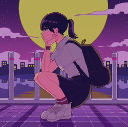 Rule 34 | 1girl, absurdres, backpack, bag, black bag, black hair, black skirt, building, cloud, collared shirt, commentary, full body, gradient sky, hands up, highres, night, night sky, original, ponytail, profile, purple sky, reflection, shadow, shi oo, shirt, shoes, short sleeves, skirt, sky, solo, squatting, star (sky), starry sky, tile floor, tiles, watch, white footwear, white shirt, wristwatch
