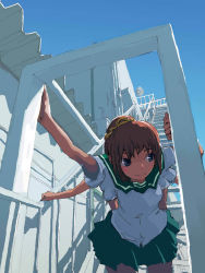 Rule 34 | 1girl, blue eyes, brown hair, bug, building, cover, cover page, extra arms, female focus, keisan, leaning forward, original, outdoors, school, school uniform, serafuku, sky, solo, spider, stairs