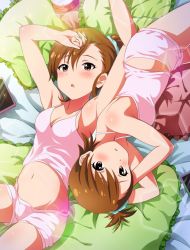 Rule 34 | 2girls, alarm clock, alternate costume, armpits, bad id, bad twitter id, blush, breasts, brown eyes, brown hair, camisole, cleavage, clock, collarbone, frilled pillow, frills, futami ami, futami mami, garana, hair ornament, hair scrunchie, hand on own forehead, idolmaster, idolmaster (classic), long hair, looking at viewer, lying, midriff, multiple girls, navel, on back, on side, open mouth, pillow, scrunchie, short hair, shorts, siblings, side ponytail, sisters, small breasts, tablet pc, twins