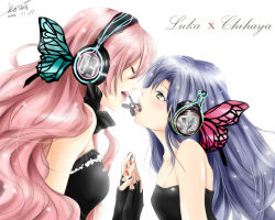 Rule 34 | 2girls, bare shoulders, black dress, black gloves, blue nails, blush, breasts, brown eyes, bug, butterfly, butterfly hair ornament, butterfly wings, character name, closed eyes, couple, crossover, dress, face-to-face, female focus, fingerless gloves, fingernails, gloves, hair ornament, headphones, headset, idolmaster, idolmaster (classic), imminent kiss, insect, insect wings, kisaragi chihaya, ko-wei, large breasts, lips, long hair, looking at another, magnet (vocaloid), megurine luka, multiple girls, nail polish, neck, open mouth, pink hair, red nails, round teeth, simple background, small breasts, strapless, strapless dress, teeth, twintails, upper body, vocaloid, wavy hair, white background, wings, yuri