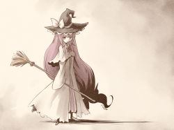 Rule 34 | 1girl, absurdly long hair, black hat, borrowed clothes, broom, dress, futatsuki hisame, hat, headwear switch, kirisame marisa, long hair, low-tied long hair, patchouli knowledge, purple hair, solo, standing, striped clothes, striped dress, touhou, very long hair, witch hat