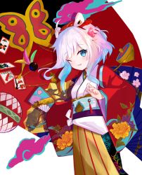 Rule 34 | 1girl, ahoge, blue eyes, chinese commentary, commentary request, headband, highres, japanese clothes, kimono, long sleeves, looking at viewer, new year, obi, one eye closed, original, poumi, sash, smile, solo, white hair, white kimono, wide sleeves