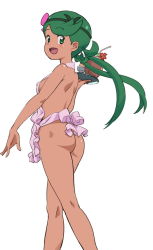 Rule 34 | 1girl, apron, ass, breasts, creatures (company), dark-skinned female, dark skin, female focus, flower, game freak, green eyes, green hair, hair flower, hair ornament, long hair, looking at viewer, looking back, low twintails, mallow (pokemon), naked apron, nintendo, ontaros, pokemon, pokemon sm, shiny skin, small breasts, solo, trial captain, twintails