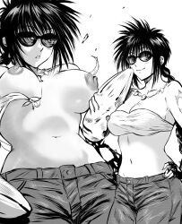 Rule 34 | 1girl, arm tattoo, bandeau, blush, bouncing breasts, braid, braided ponytail, breasts, breasts out, cleavage, closed mouth, commentary, cowboy shot, daraz, fingerless gloves, glasses, gloves, hand on own hip, highres, jewelry, kirin (flame of recca), large breasts, long hair, looking at viewer, magatama, magatama necklace, motion lines, multiple views, navel, necklace, nipples, opaque glasses, open mouth, pants, rekka no honoo, simple background, smile, spiked hair, standing, stomach, sunglasses, tattoo, wardrobe malfunction, weapon, white background