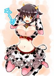 Rule 34 | 10s, 1girl, animal ears, animal print, arm warmers, bell, neck bell, black hair, blush, breasts, brown eyes, cleavage, collar, cow ears, cow horns, cow print, elbow gloves, gloves, headset, horns, idolmaster, idolmaster cinderella girls, large breasts, md5 mismatch, midriff, muruaka, navel, oikawa shizuku, open mouth, short hair, skirt, solo