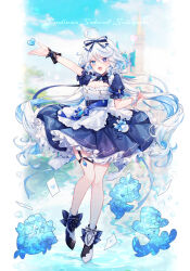 Rule 34 | 1girl, absurdres, ahoge, alternate costume, arm up, black footwear, blue bow, blue dress, blue eyes, blue gemstone, blue hair, bow, breasts, cleavage, commentary, dress, dress bow, drop-shaped pupils, english commentary, english text, floating hair, full body, furina (genshin impact), gem, genshin impact, gentilhomme usher, hair between eyes, highres, long hair, looking at viewer, mademoiselle crabaletta, medium breasts, mismatched pupils, multicolored hair, open mouth, smile, standing, surintendante chevalmarin, symbol-shaped pupils, taya oco, thigh strap, white hair