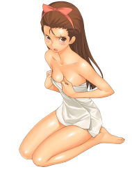 Rule 34 | 1girl, a1 (initial-g), absurdres, barefoot, blush, bow, breast hold, breasts, brown eyes, brown hair, cleavage, covering privates, embarrassed, from above, hair bow, hairband, highres, idolmaster, idolmaster (classic), idolmaster 1, long hair, medium breasts, minase iori, naked towel, nude cover, open mouth, petite, pink bow, seiza, shiny skin, simple background, sitting, solo, towel, white background