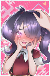 Rule 34 | 1girl, absurdres, ame-chan (needy girl overdose), arms up, black eyes, black hair, blush, glitch, hair ornament, hair over one eye, hand on own face, heart, heart-shaped pupils, high collar, highres, medium hair, neck ribbon, needy girl overdose, pink background, purple hair, red nails, ribbon, skirt, suspender skirt, suspenders, symbol-shaped pupils, yandere