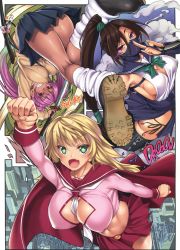 Rule 34 | 3girls, :d, absurdres, arm up, ass, between breasts, black skirt, blonde hair, blush, bow, bowtie, breasts, brown hair, building, cape, city, cle masahiro, cleavage, clenched hands, clenched teeth, covered erect nipples, dark-skinned female, dark skin, fang, finger to mouth, green bow, green bowtie, green eyes, high ponytail, highres, holding, holding sword, holding weapon, huge breasts, kneepits, large breasts, long hair, looking at viewer, loose socks, mask, midriff, mouth mask, multiple girls, navel, neckerchief, ninja, open mouth, original, outstretched arm, outstretched arms, panties, pink hair, pleated skirt, purple eyes, red eyes, red skirt, sailor collar, scan, school uniform, sheath, shoes, side-tie panties, skirt, smile, smoke, socks, sound effects, star-shaped pupils, star (symbol), superhero costume, sword, symbol-shaped pupils, teeth, twintails, underwear, upside-down, very long hair, weapon, white legwear