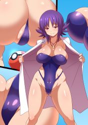 Rule 34 | 1girl, ass, barefoot, blue background, blush, breasts, casual one-piece swimsuit, cleavage, closed mouth, coat, collarbone, covered navel, creatures (company), curvy, flipped hair, game freak, gluteal fold, groin, half-closed eyes, head tilt, highleg, highleg swimsuit, highres, huge ass, jewelry, konno tohiro, lab coat, large breasts, legs apart, looking at viewer, medium hair, multiple views, necklace, nintendo, one-piece swimsuit, open clothes, open coat, parted bangs, partially visible vulva, philena ivy, poke ball, poke ball (basic), pokemon, pokemon (anime), purple eyes, purple hair, purple one-piece swimsuit, ring, shiny skin, sidelocks, simple background, smile, standing, strapless, strapless one-piece swimsuit, swimsuit, white coat