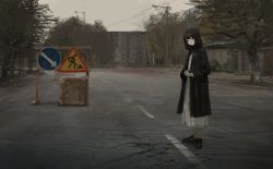 Rule 34 | 1girl, absurdres, black hair, commentary, dress, english commentary, highres, huge filesize, jacket, medium hair, original, outdoors, own hands together, panp, road, road sign, scenery, sign, solo, standing