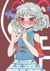 Rule 34 | 1girl, @ @, absurdres, bare shoulders, blue skirt, blue vest, blush, curly hair, detached sleeves, earrings, embarrassed, grin, heart, heart hands, highres, horn ornament, horn ribbon, horns, jewelry, meandros, patterned clothing, pointy ears, red eyes, red horns, red sleeves, ribbon, sharp teeth, sheep horns, silver hair, simple background, skirt, smile, solo, sweat, teeth, touhou, toutetsu yuuma, tsuchinokonoko, vest