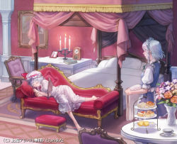 Rule 34 | 2girls, armchair, barefoot, bat wings, bed, bedroom, book, braid, cake, candelabra, candlestand, canopy bed, carpet, chair, clock, closed eyes, couch, cup, esukee, female focus, flower, food, footstool, hat, indoors, izayoi sakuya, light purple hair, maid, maid headdress, mob cap, multiple girls, pastry, photo (object), picture frame, red upholstery, remilia scarlet, short hair, silver hair, sleeping, smile, teacup, tiered serving stand, tiered tray, touhou, twin braids, vase, wings