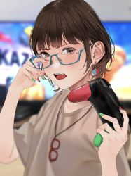 Rule 34 | 1girl, blue-framed eyewear, blurry, blurry background, blush, brown eyes, brown hair, controller, earrings, glasses, grey shirt, hand up, highres, holding, holding controller, indoors, jewelry, looking at viewer, mole, mole under eye, nail polish, necklace, open mouth, original, saitou (lynx-shrike), shirt, short hair, short sleeves, solo, television