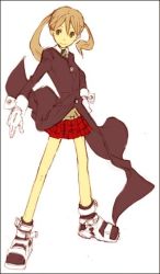 Rule 34 | 00s, 1girl, brown hair, coat, flat chest, gloves, green eyes, hand on own hip, katsura miya, maka albarn, outstretched arm, plaid, plaid skirt, pleated skirt, shoes, skirt, solo, soul eater, twintails