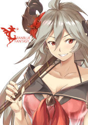 Rule 34 | 1girl, absurdres, ahoge, bad id, bad pixiv id, bare shoulders, bikini, bikini under clothes, breasts, cleavage, collarbone, draph, flower, granblue fantasy, grey hair, grin, hair between eyes, hair flower, hair ornament, hibiscus, highres, horns, izupix, large breasts, long hair, looking at viewer, looking to the side, neckerchief, red bikini, red eyes, red neckerchief, sailor collar, sailor shirt, see-through, shirt, simple background, smile, solo, swimsuit, threo (eternal&#039;s summer vacation) (granblue fantasy), threo (granblue fantasy), very long hair, white background