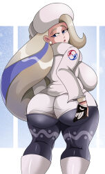 Rule 34 | 1girl, absurdres, ass, blonde hair, blue eyes, blue pantyhose, breasts, creatures (company), dynamax band, earrings, from behind, fur collar, fur hat, game freak, gloves, half-closed eyes, hat, highres, huge ass, jewelry, kneepits, large breasts, long hair, long sleeves, looking back, mature female, melony (pokemon), multicolored hair, nintendo, pantyhose, pantyhose under shorts, pearl earrings, plump, pokemon, pokemon swsh, shorts, single glove, solo, sonson-sensei, streaked hair, sweater, thick thighs, thighs, ushanka, very long hair, white hat, white shorts, white sweater, wide hips