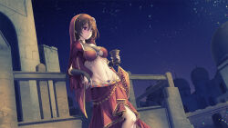 1girl arabian_clothes blush breasts brown_hair cleavage closed_mouth commission cup dark-skinned_female dark_skin harem_outfit highres holding holding_cup large_breasts navel night night_sky original outdoors red_eyes red_veil sharifah_ozdil_(tukikagerou) short_hair skeb_commission sky solo tenmaso thighs veil