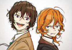 Rule 34 | 2boys, ahoge, annoyed, back-to-back, bandaged neck, bandages, black jacket, blue eyes, brown coat, brown eyes, brown hair, bungou stray dogs, clenched teeth, coat, collared shirt, commentary request, dazai osamu (bungou stray dogs), hair between eyes, highres, jacket, looking at another, male focus, multiple boys, nakahara chuuya, norimizu, open mouth, orange hair, shirt, short hair, simple background, smile, teeth, upper body, white shirt